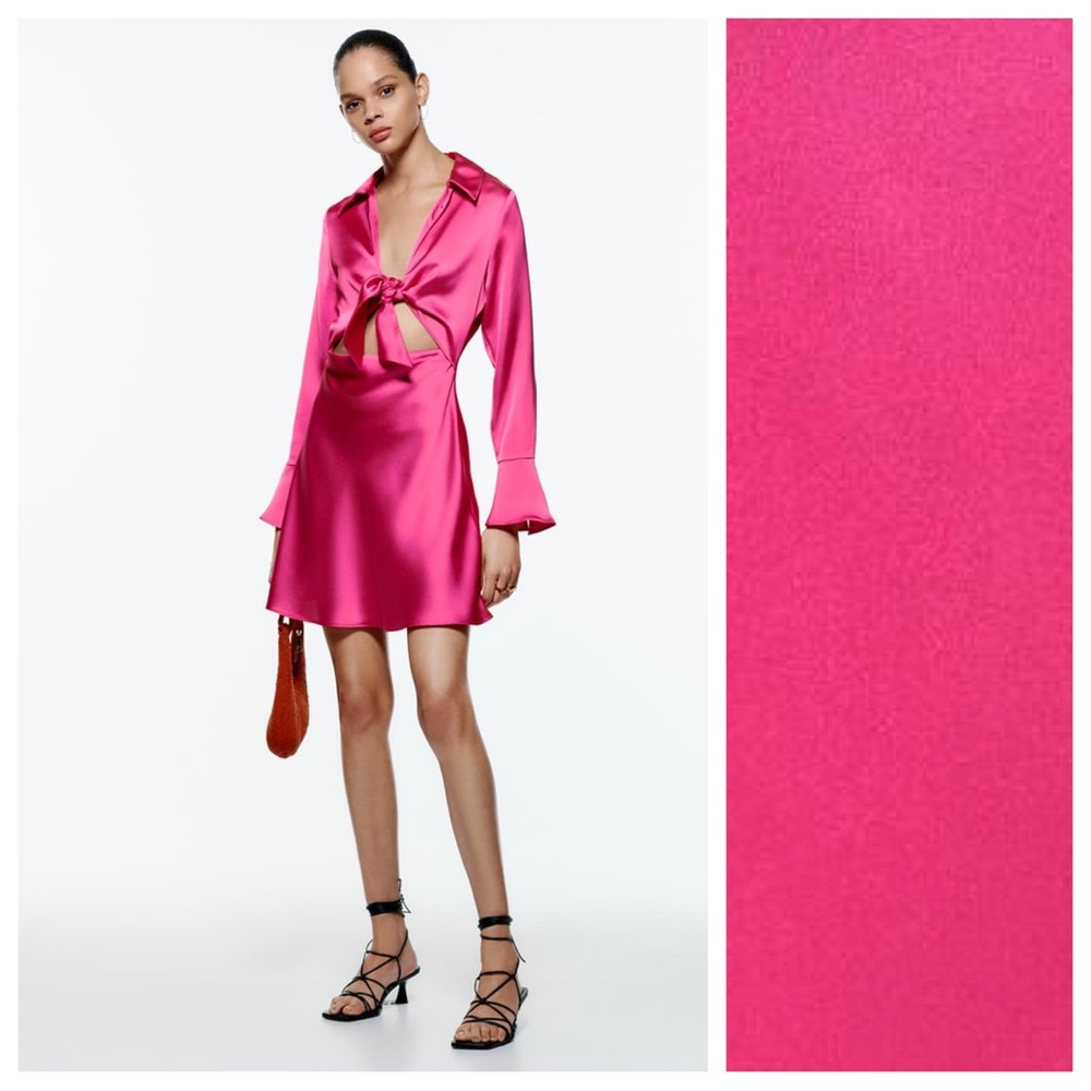 NWT. Zara Fuchsia Satin Effect Mini Dress with V-neckline. Size L.